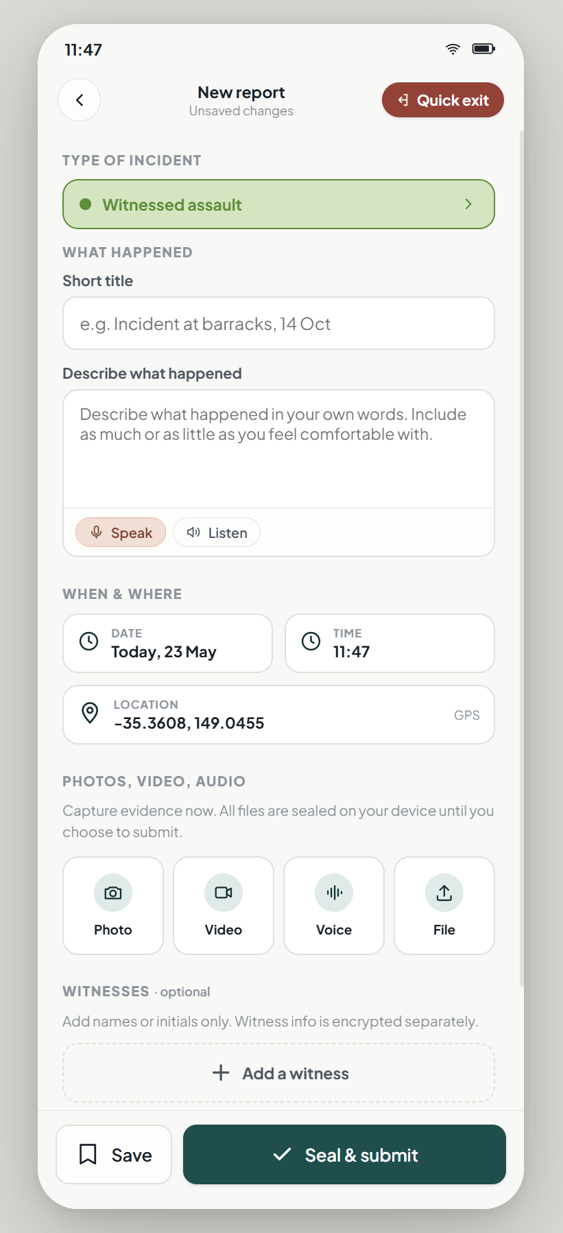 Modern slavery reporting and evidence diary on a mobile device